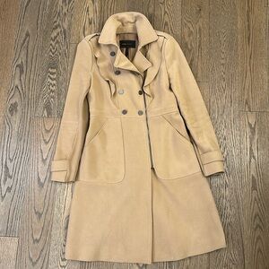 EUC BCBGMaxAzria Tan Pea Coat with Ruffle Detail